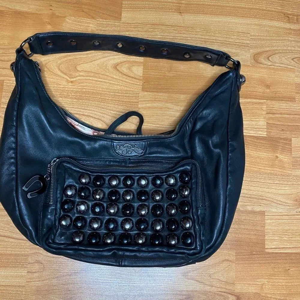 2000s Betsey Johnson Leather Studded Hobo Bag - Picture 4 of 11